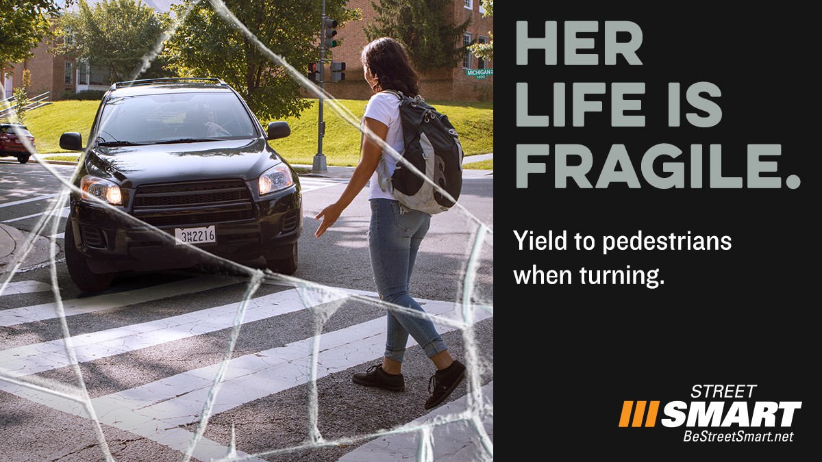 How you drive can shatter—or save—a life. @COGStreetSmart reminds you to look👀before you turn↩️and yield🔻to crossing #pedestrians🚶‍♂️🚶‍♀️🚶‍♂️ #BeStreetSmart #visionzero @VisionZeroMC @zerodeathsMD @Visionzeronet @USDOT #MDTraffic #pedestriansafety