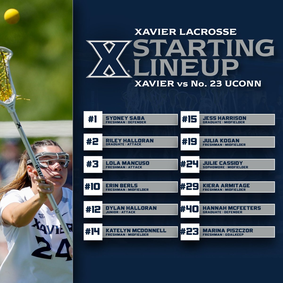 XavierWLAX's tweet photo. Our last starting 1⃣2⃣ of the 2023 season!

📊 https://t.co/7glBn0kzMF
📺 https://t.co/VUEvFLR321

#LetsGoX ⚔️ https://t.co/ARdjQfAHBh
