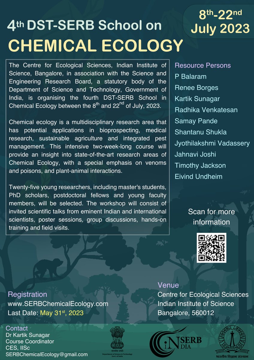 Kartik Sunagar (@anaturalist) on Twitter photo SERB School on Chemical Ecology is back!
We are excited to announce the 4t DST-SERB School on Chemical Ecology to be held at <a href="/CES_IISc/">CES, IISc</a>, <a href="/iiscbangalore/">IISc Bangalore</a>, Bangalore, between the 8th and 22nd of July 2023.
serbchemicalecology.com
Please help circulate widely.
<a href="/LabVenomics/">Evolutionary Venomics Lab</a> SERB School on Chemical Ecology is back!
We are excited to announce the 4t DST-SERB School on Chemical Ecology to be held at <a href="/CES_IISc/">CES, IISc</a>, <a href="/iiscbangalore/">IISc Bangalore</a>, Bangalore, between the 8th and 22nd of July 2023.
serbchemicalecology.com
Please help circulate widely.
<a href="/LabVenomics/">Evolutionary Venomics Lab</a>