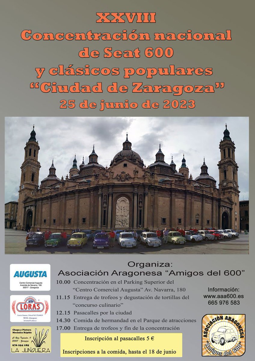 aaa600es's tweet photo. Apunta esta fecha: 25 de junio de 2023.
Concentración nacional de Seat 600 y clásicos populares "Ciudad de Zaragoza" https://t.co/yJujSId4GV