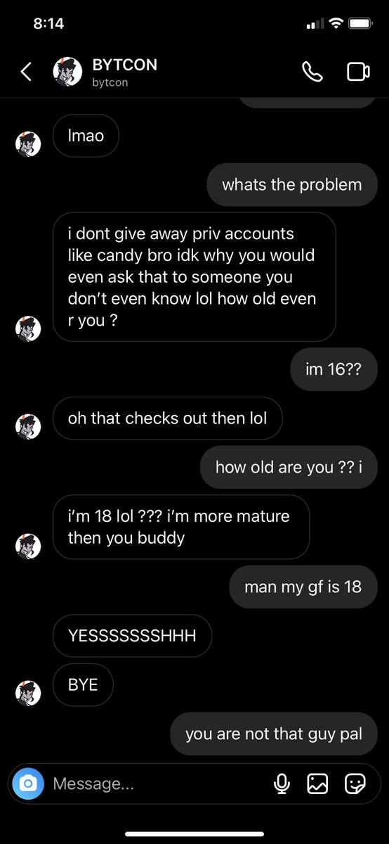 timesae86's tweet photo. hey, please whatever you do dont follow @/bytcon on instagram, and wherever else they might be on here; i dmed them complimenting their art and asking for their priv [only trying to make friends with them] and they rudely put down my compliment  and called me immature 😭 idk man https://t.co/bFxaom02GM