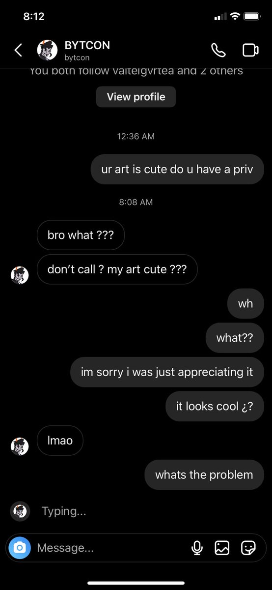 timesae86's tweet photo. hey, please whatever you do dont follow @/bytcon on instagram, and wherever else they might be on here; i dmed them complimenting their art and asking for their priv [only trying to make friends with them] and they rudely put down my compliment  and called me immature 😭 idk man https://t.co/bFxaom02GM