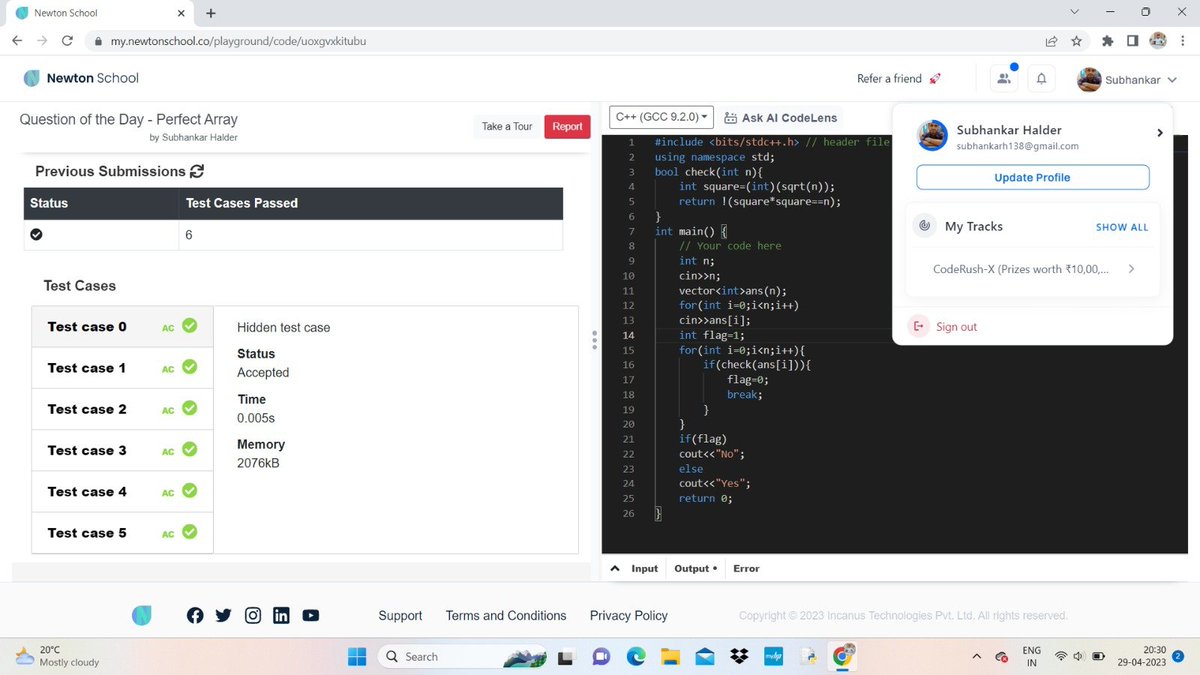 Subhankar938's tweet image. #day_15_of_101_days_of_code
Problem Name - Perfect Array
#nsdiscord #codewithns #101daysofcodens
Language-C++
referral link:- my.newtonschool.co/register/certi…