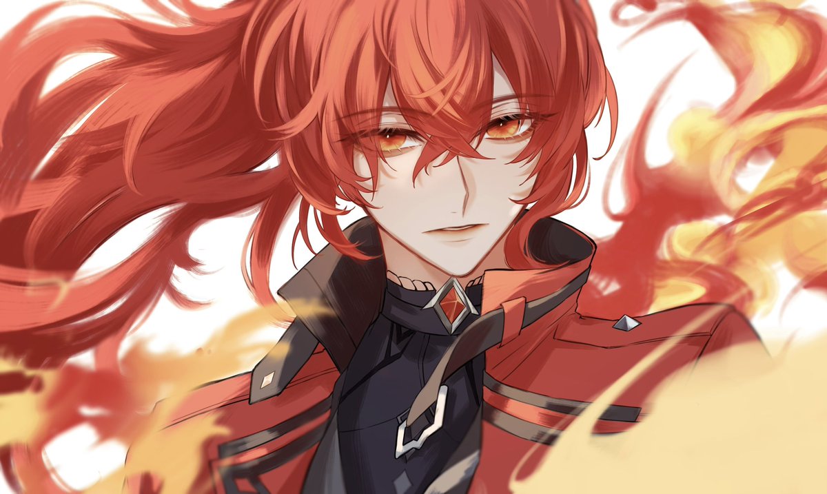 diluc (genshin impact) 1boy male focus red hair long hair solo red eyes ponytail  illustration images