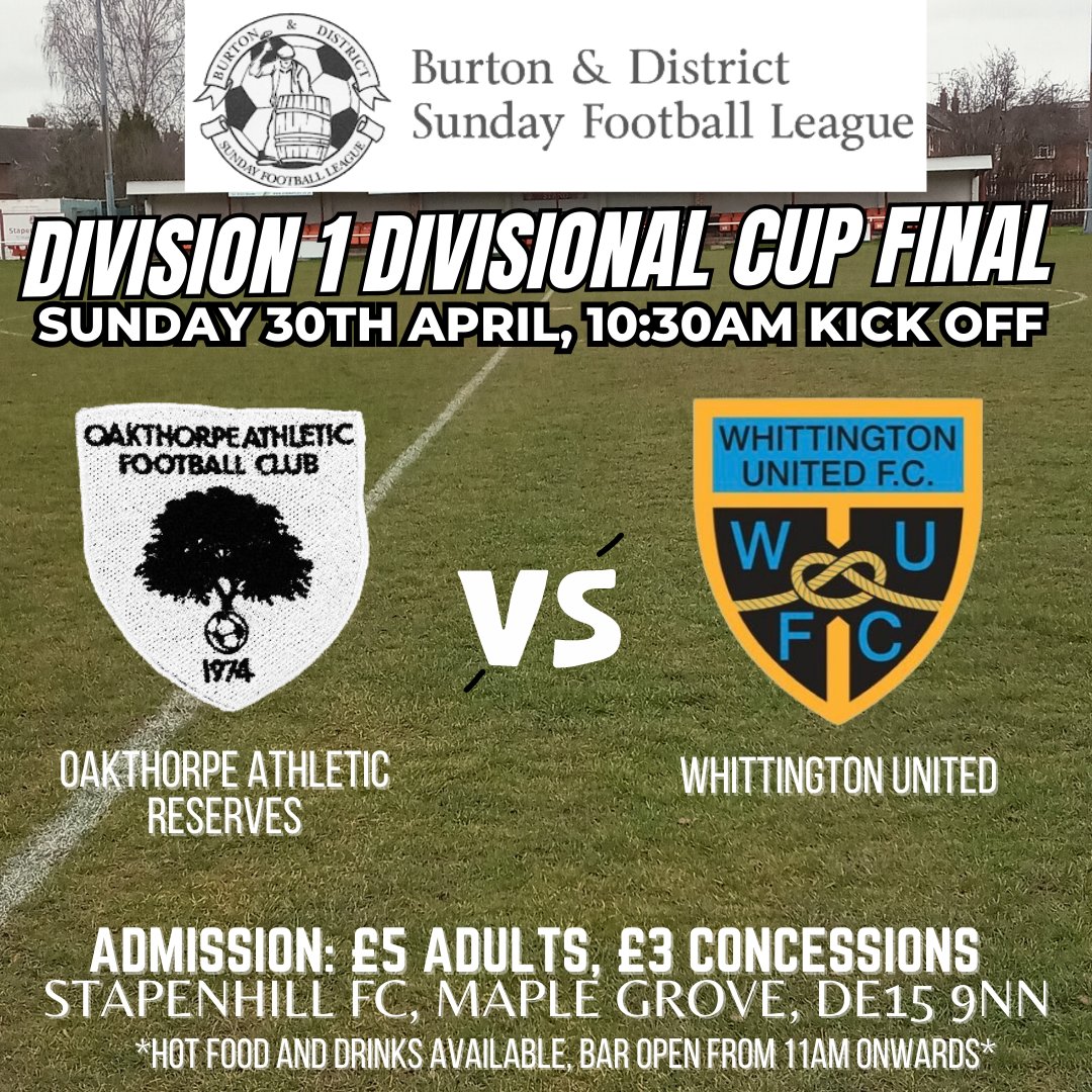 ๐๐ฉ๐๐ฅ๐๐ฃ๐๐๐ก๐ก ๐๐พ โฝ๏ธ (@stapenhillfc1) on Twitter photo TOMORROW'S CUP FINAL | We are hosting the Division 1 Cup Final tomorrow morning. As Oakthorpe Athletic Reserves and Whittington United play for the Trophy ๐
If you fancy a footy fix, come to Maple Grove <a href="/FcOakthorpe/">Oakthorpe Athletic FC Reserves</a> <a href="/WhittUnited/">Whittington United</a> โฝ๏ธ
FACEBOOK EVENT ๐
facebook.com/events/s/oakthโฆ TOMORROW'S CUP FINAL | We are hosting the Division 1 Cup Final tomorrow morning. As Oakthorpe Athletic Reserves and Whittington United play for the Trophy ๐
If you fancy a footy fix, come to Maple Grove <a href="/FcOakthorpe/">Oakthorpe Athletic FC Reserves</a> <a href="/WhittUnited/">Whittington United</a> โฝ๏ธ
FACEBOOK EVENT ๐
facebook.com/events/s/oakthโฆ