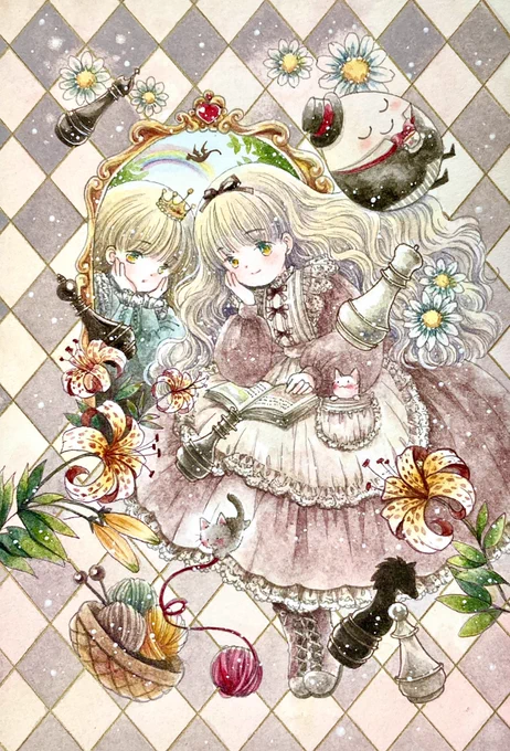 アリス展がもうすぐなので以前描いたアリスを... (何度もタグつかってすみません...)  「2人のアリス」   #ハガキサイズに詰め込む私の世界