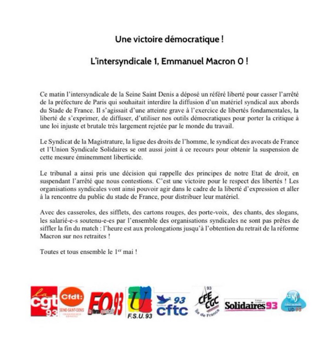 MauduitLaurent's tweet image. C'est bon, la distribution de #sifflets et de #cartonsrouges est autorisée aux abords du #stadedefrance.✌
Ce soir, faisons la fête à #Macron pendant la #FinaleCoupedeFrance 2023 ! 😉🟥✊
Du pain, des jeux et des revendications ! 📢

#ReformeDesRetraites 
#64AnsCestToujoursNon