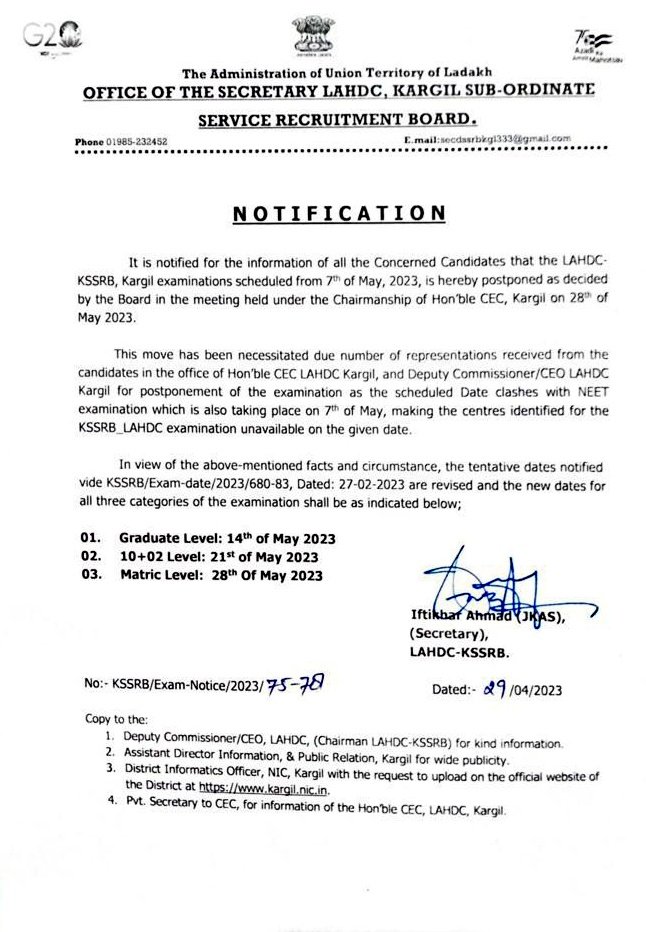 LAHDC_Kgl's tweet photo. In view of the many representations received, the new dates for the DSSRB Exams are notified. 

𝗙𝗼𝗿 𝗶𝗻𝗳𝗼𝗿𝗺𝗮𝘁𝗶𝗼𝗻 𝗼𝗳 𝗮𝗹𝗹 𝗰𝗼𝗻𝗰𝗲𝗿𝗻𝗲𝗱.

𝗪𝗲 𝘄𝗶𝘀𝗵 𝗮𝗹𝗹 𝘁𝗵𝗲 𝗮𝘀𝗽𝗶𝗿𝗮𝗻𝘁𝘀, 𝗮𝗹𝗹 𝘁𝗵𝗲 𝘃𝗲𝗿𝘆 𝗯𝗲𝘀𝘁!👍 https://t.co/Bf1gDbonev