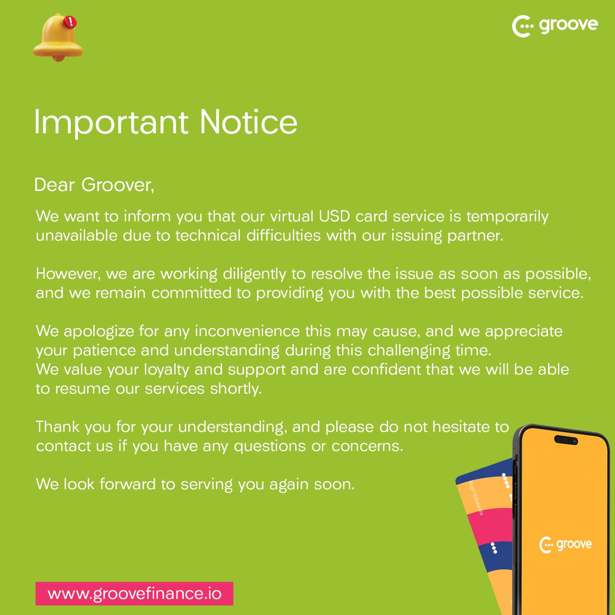 🔔Notice!!!

Our virtual USD card service is temporarily unavailable. We are currently working  conscientiously to resolve the issue at your earliest convenience.
For any disruption this may cause, we are sorry🙏

Thanks for your patience and understanding.