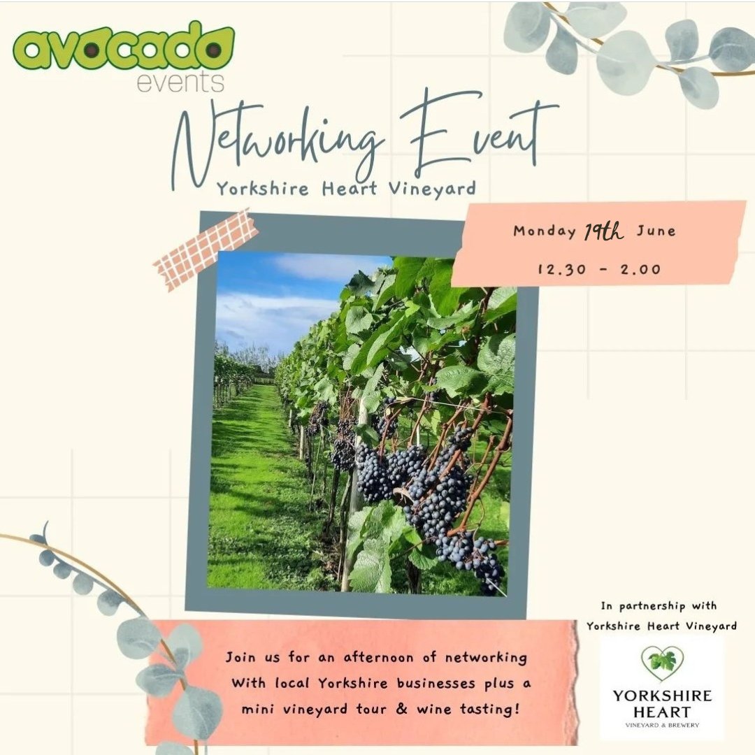 NETWORKING EVENT 

Mon 19th June 12.30

Join us at <a href="/Yorkshire_Heart/">Yorkshire Heart</a> vineyard between York &amp; Harrogate for an afternoon of networking, vineyard tour, wine tasting &amp; pizza truck <a href="/doughdisciples/">Dough Disciples Pizza</a> 🍇🍷🍕

50 local businesses booked on so far! 

Bookwhen.com/avocadoevents