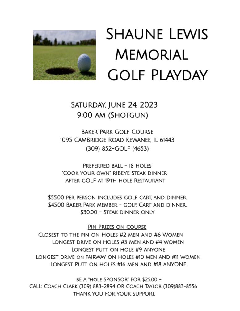 KHSBoilermakers's tweet photo. Shaune Lewis Memorial Golf Playday - Saturday, June 2️⃣4️⃣ @ Baker Park.

Contact Coach Taylor or 
Coach Clark to sign-up to play.  Information is provided below.

Check out our raffle item, $5 per ticket &amp; valued at $1,100, as well as our hole sponsor information. https://t.co/WtQ5oYR3O6