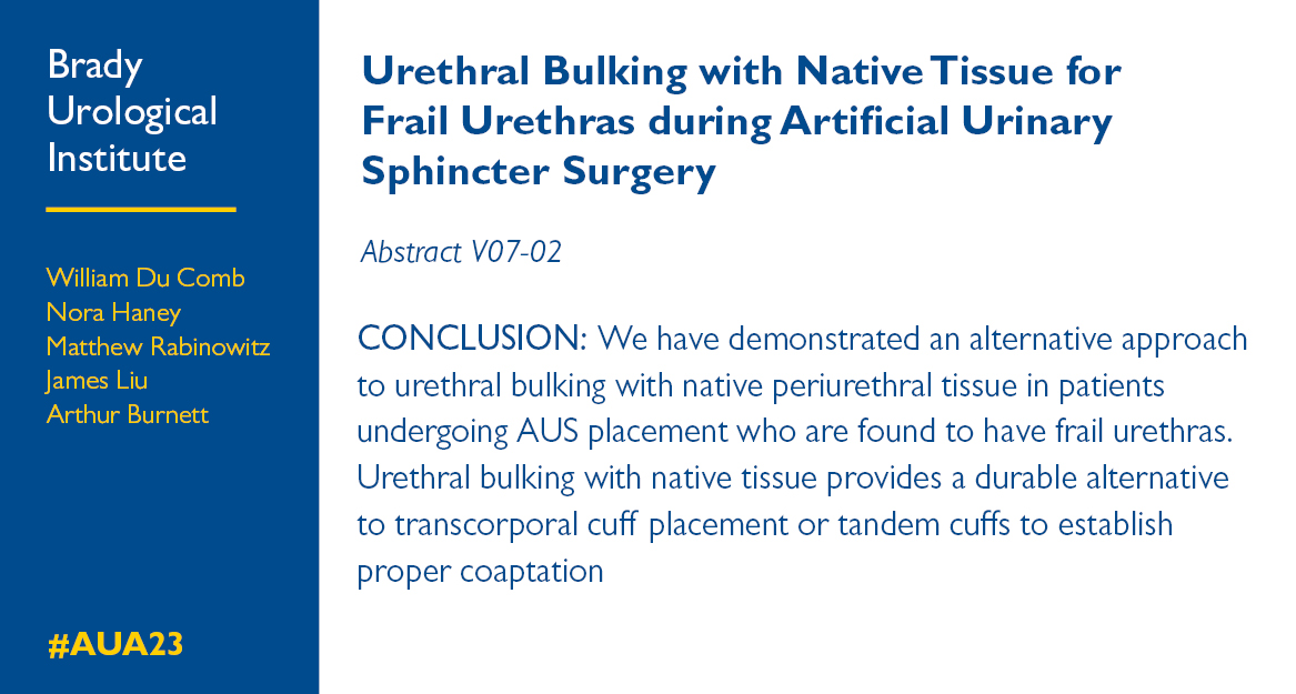 The Johns Hopkins Brady Urological Institute (@brady_urology) on Twitter photo Artificial urinary sphincter has long been the ideal surgical treatment for men w/ stress urinary incontinence, but revisions are as⬆️as 50% <a href="/MJ_Rabinowitz/">Matthew Rabinowitz, MD</a> describes use of native periurethral tissue as a urethral bulking technique in patients w/ frail urethras during AUS surgery Artificial urinary sphincter has long been the ideal surgical treatment for men w/ stress urinary incontinence, but revisions are as⬆️as 50% <a href="/MJ_Rabinowitz/">Matthew Rabinowitz, MD</a> describes use of native periurethral tissue as a urethral bulking technique in patients w/ frail urethras during AUS surgery