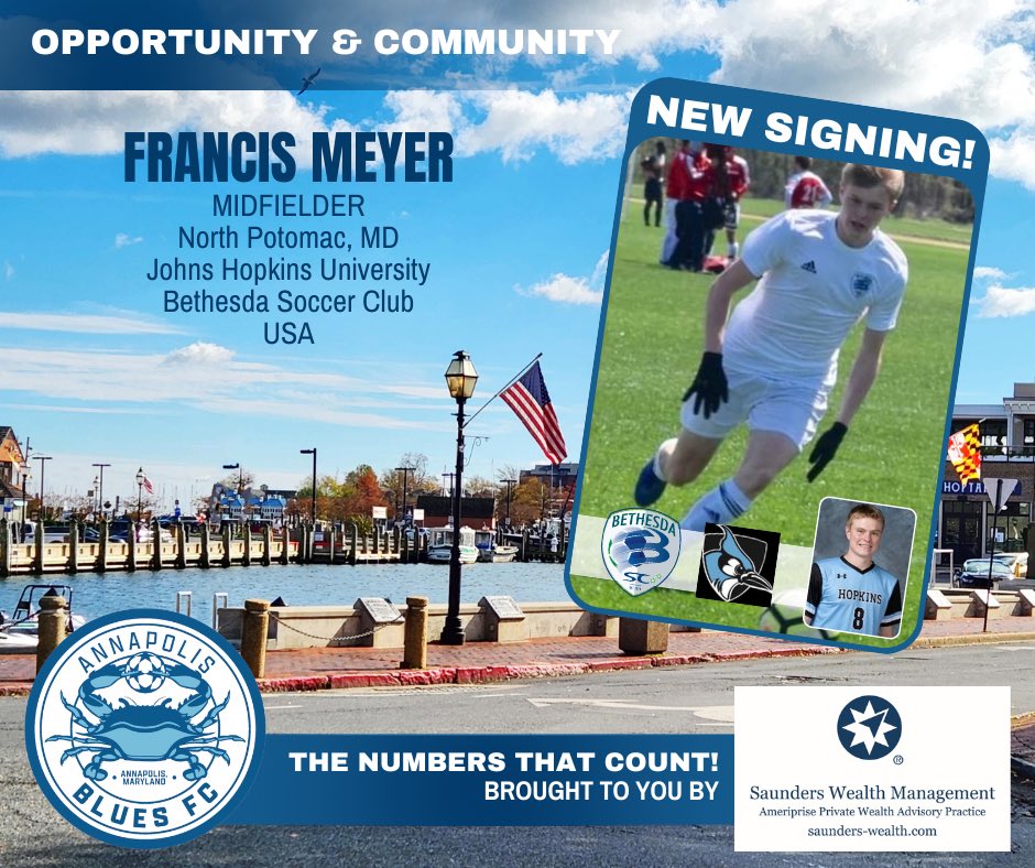 More Annapolis Blues Players
💙 Eric Gwadz, forward, Washington DC/ Washington College (MD)/ Youth: Bethesda SC
🦀 Connor Smith, GK, Davidsonville, MD/ Brown University (RI)/ Youth: Maryland United
🏆 Francis Meyer, midfielder, North Potomac, MD/ Johns Hopkins/ Youth: Bethesda SC