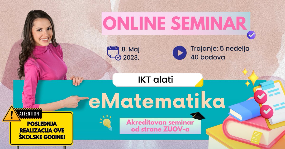 InfinityEduPlus's tweet photo. 📢 Poštovane kolege i koleginice,

Pozivamo Vas na poslednju realizaciju seminara eMatematika u ovoj školskoj godini.

Želite li da rizikujete i da probate nešto savim novo? Vaši učenici će Vam biti zahvalni 😊

Više detalja u prijavi na linku: 👇

https://t.co/aC4lWhEtV8 https://t.co/GS5pDIng72