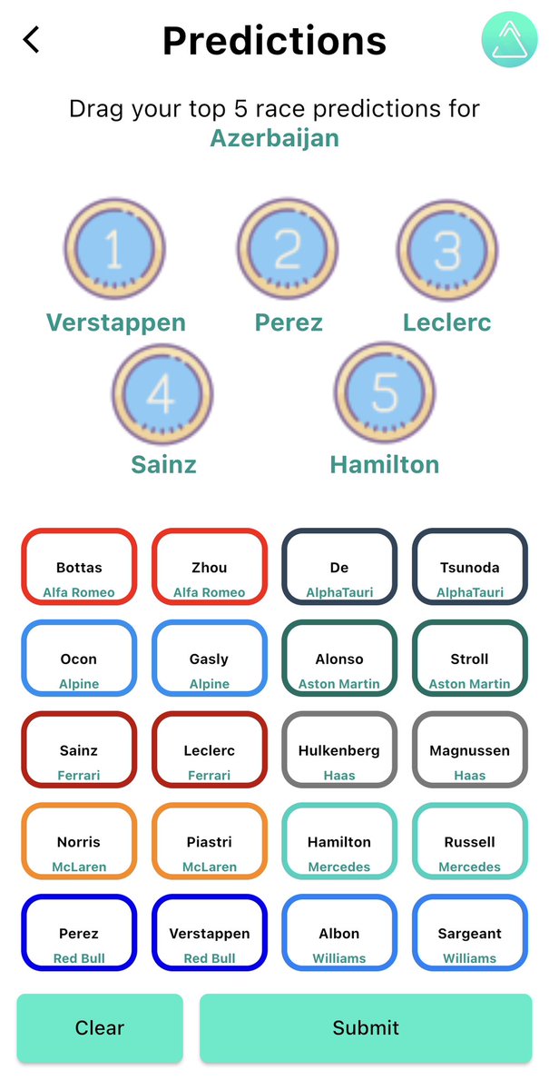 f1elvis's tweet photo. I’m going to miss the #AzerbaijanGP tomorrow as I’m flying home from Mexico. Don’t forget your #SeedStreamApp predictions. Here’re mine. Get our free #F1 app here, I think you’ll like it. https://t.co/LpkNG5abiE https://t.co/aal4BTPqzs