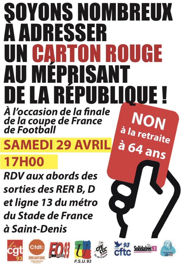 JeanNaymar92's tweet image. Distribution de #cartonsrouges et de #sifflets pour signifier la volonté populaire du retrait de la #ReformeDesRetraites
RDV dès 17h aux sorties des RER B, D et ligne 13 du métro #stadedefrance
#CoupeDeFrance #FCNATFC #CartonRougePourMacron #Casserolade #casserole #Sifflet