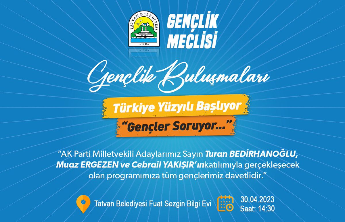 Gençler Soruyor Vekil Adayları Cevaplıyor..

AK Parti Bitlis Milletvekili Adayları,  Prof. Dr. Fuat Sezgin Bilgi Evinde geleceğin mimarı olan gençlerimiz ile bir araya gelecek..

Tüm gençlerimizi bekliyoruz.
<a href="/EminGeylani/">Mehmet Emin GEYLANİ</a> <a href="/T_Bedirhanoglu/">Turan Bedirhanoğlu</a> <a href="/muazergezen/">Muaz Ergezen</a> <a href="/CebrailYakr/">Dr. Cebrail Yakışır</a>