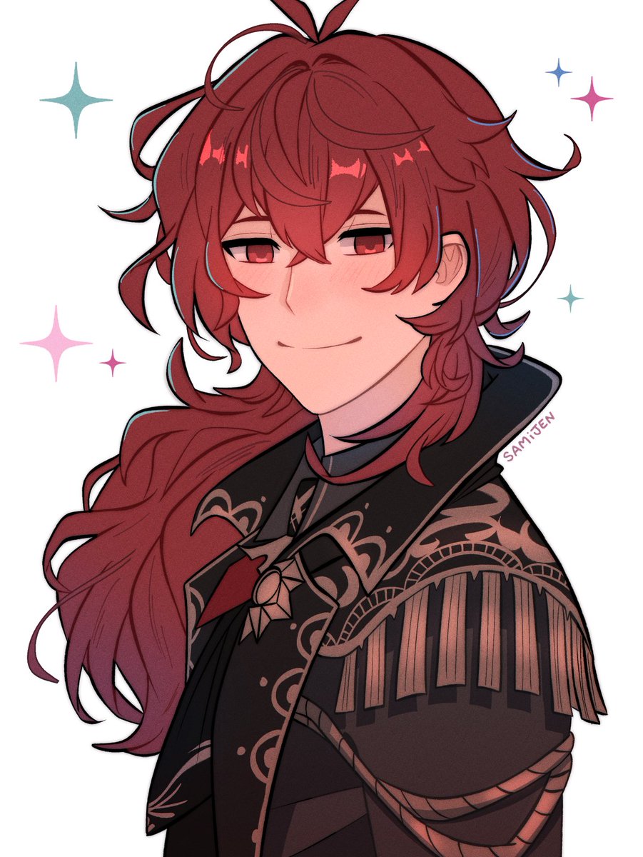 diluc (genshin impact) 1boy male focus red hair red eyes long hair solo smile  illustration images