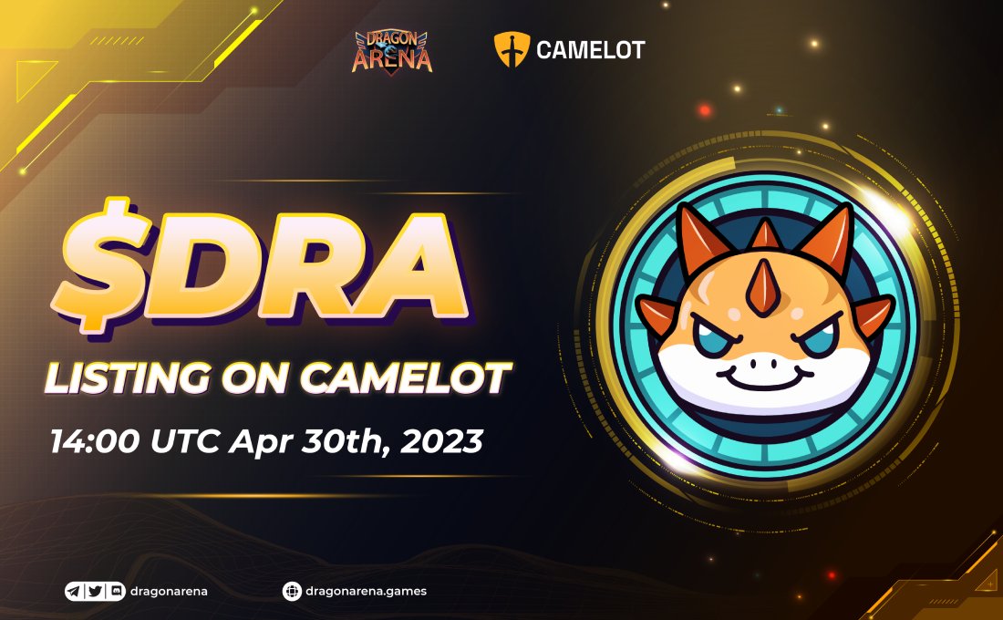 The_DragonArena's tweet photo. 🚨 Updated listing time on @CamelotDEX 

$DRA is making its way to Camelot and will soon be available for trading.

⏰ Listing time: 14:00 UTC on Apr 30th, 2023.

👉 Token release just 5-30 minutes after listing time

💰 Trading pair: DRA/USDT

🔥 Official $DRA smart contract: 
0x93c157932E5649E794Df8999714af8690226A1c9

Mark your calendars with the new schedule!