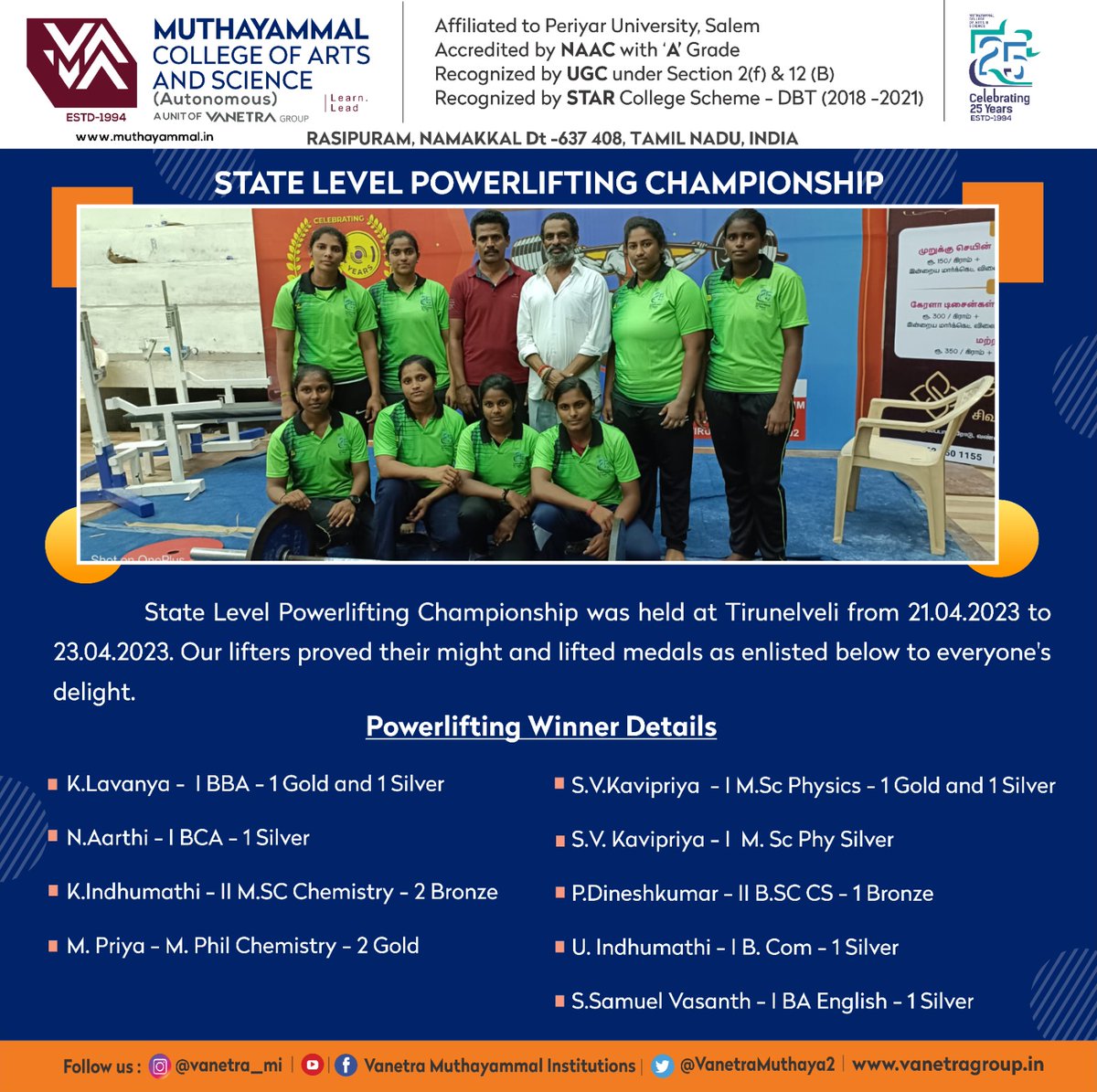 VanetraMuthaya2's tweet photo. State Level Powerlifting Championship was held at Tirunelveli from 21.04.2023 to 23.04.2023. Our lifters proved their might and lifted medals as enlisted below to everyone's delight.
#statelevel #powerlifting #powerlifting #powerliftingtraining #goldmedal #silvermedal #bronze https://t.co/GVxvkcYBtu
