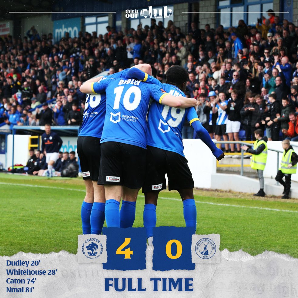 ChesterFC's tweet photo. FT: #ChesterFC 4-0 @Buxton_FC.

A great way to end the season. On to the Play-Offs we go. 💪

#OurClub 🔵⚪️ #CFCBUX https://t.co/zZ9FSF5dLG
