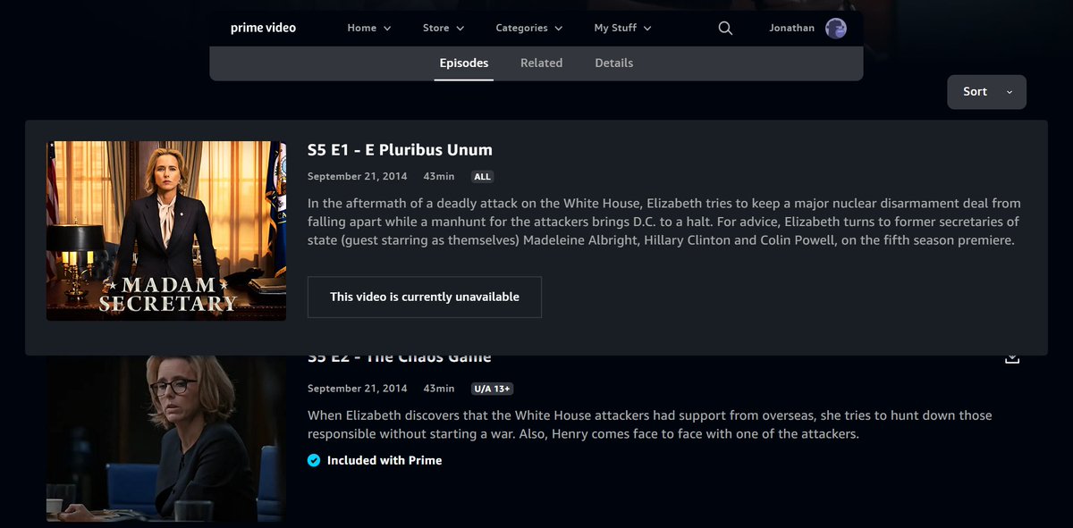 TheERDoctor's tweet photo. #Censorship
So I've been watching Madam Secretary on Amazon Prime. Found it interesting so far to see the "inner workings" of the state department.
For some strange reason Season 5 Episode 1 is "unavailable"
Just That one single episode while the entire series is otherwise ... https://t.co/QXR6ZzzJA5