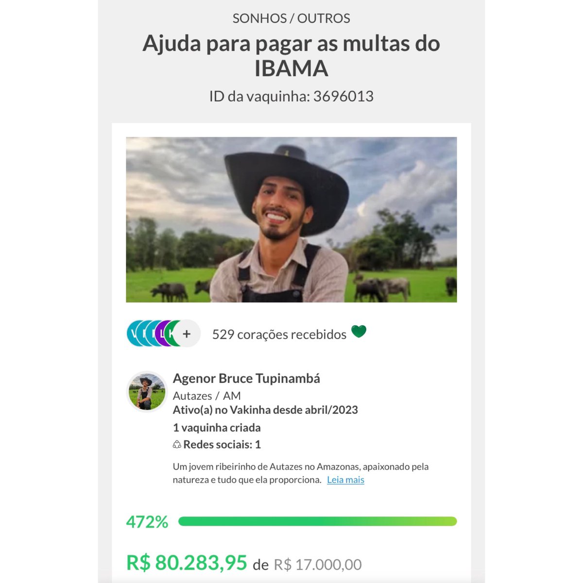 choquei's tweet photo. 🚨AGORA: Vaquinha de Agenor Tupinambá, ex-tutor da capivara Filó, atinge R$ 80 mil. O influencer precisava de apenas R$ 17 mil para pagar a multa do Ibama. https://t.co/4SFW4m840o