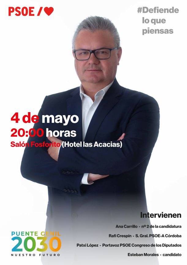 Acto en el salón de las Acacias de Puente Genil
#DefiendeLoQuePiensas 🌹 

Intervienen: 
<a href="/patxilopez/">patxilopez</a> 
<a href="/_AnaCarrillo_/">Ana Carrillo</a> 
<a href="/rafi_crespin/">Rafi Crespin</a> 
@PuenteGenil2030 

<a href="/PuenteGenilPSOE/">PSOE-A Puente Genil</a>
<a href="/psoedeandalucia/">PSOE de Andalucía</a> 
<a href="/PSOE/">PSOE</a>