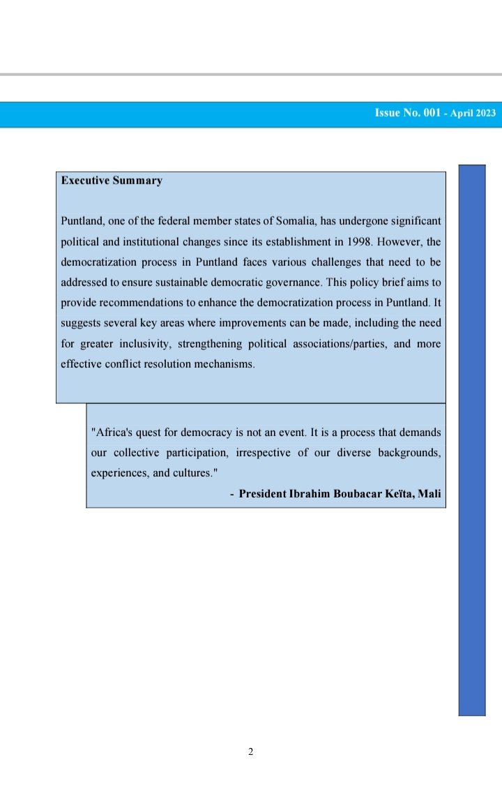 iprdinstitute's tweet photo. Check out our latest policy brief titled: 'Enhancing the Democratization Process in Puntland' in which our Executive Director @MTiigaal explores ways to strengthen the democratization process in Puntland.
#Puntland_Democrazation_Process 
#Somalia #HoA 
https://t.co/gODKlru6S3 https://t.co/2Syu7CWJsK