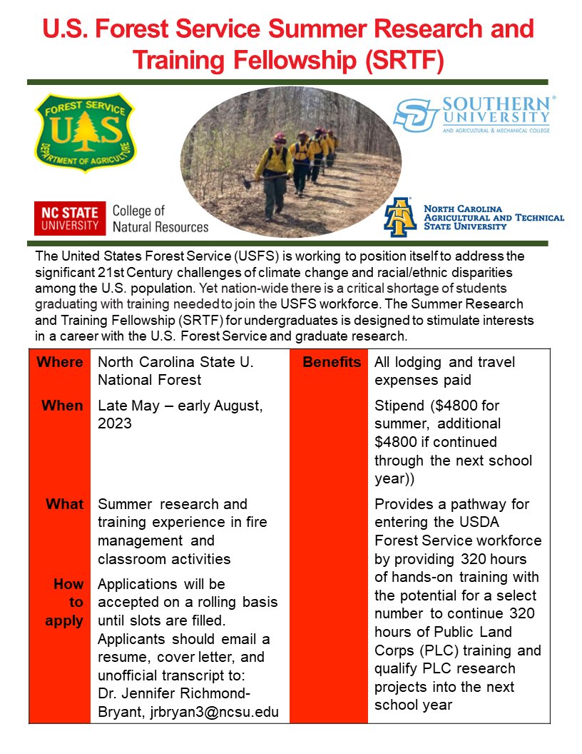 Paid ($4800) Summer Internship at NCState - Housing included!
US Forest Service Summer Research and Training 
Apply ASAP!
#summerinternships #fellowships #research #shawuniversity #paidopportunities