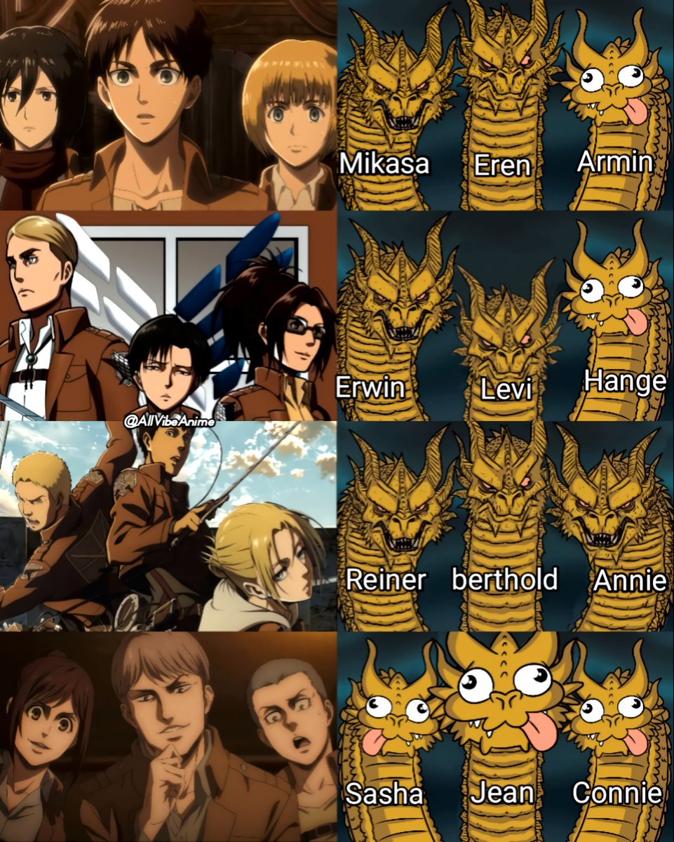 blyoof's tweet photo. Attack on Titan trios in a nutshell https://t.co/nHNCm35Tbc