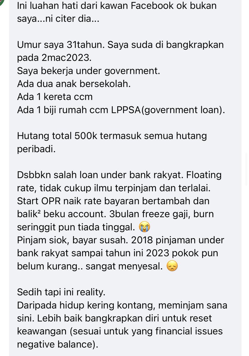 norazambudin's tweet photo. Ada org ni hutang dgn koperasi tp xboleh byr, pergi AKPK pn tak boleh bantu sbb tak tersenarai dlm AKPK.

So dia tnya proses isytihar muflis

Ilmu org share ni bagus utk kita belajar https://t.co/LYZ8PVu4y7