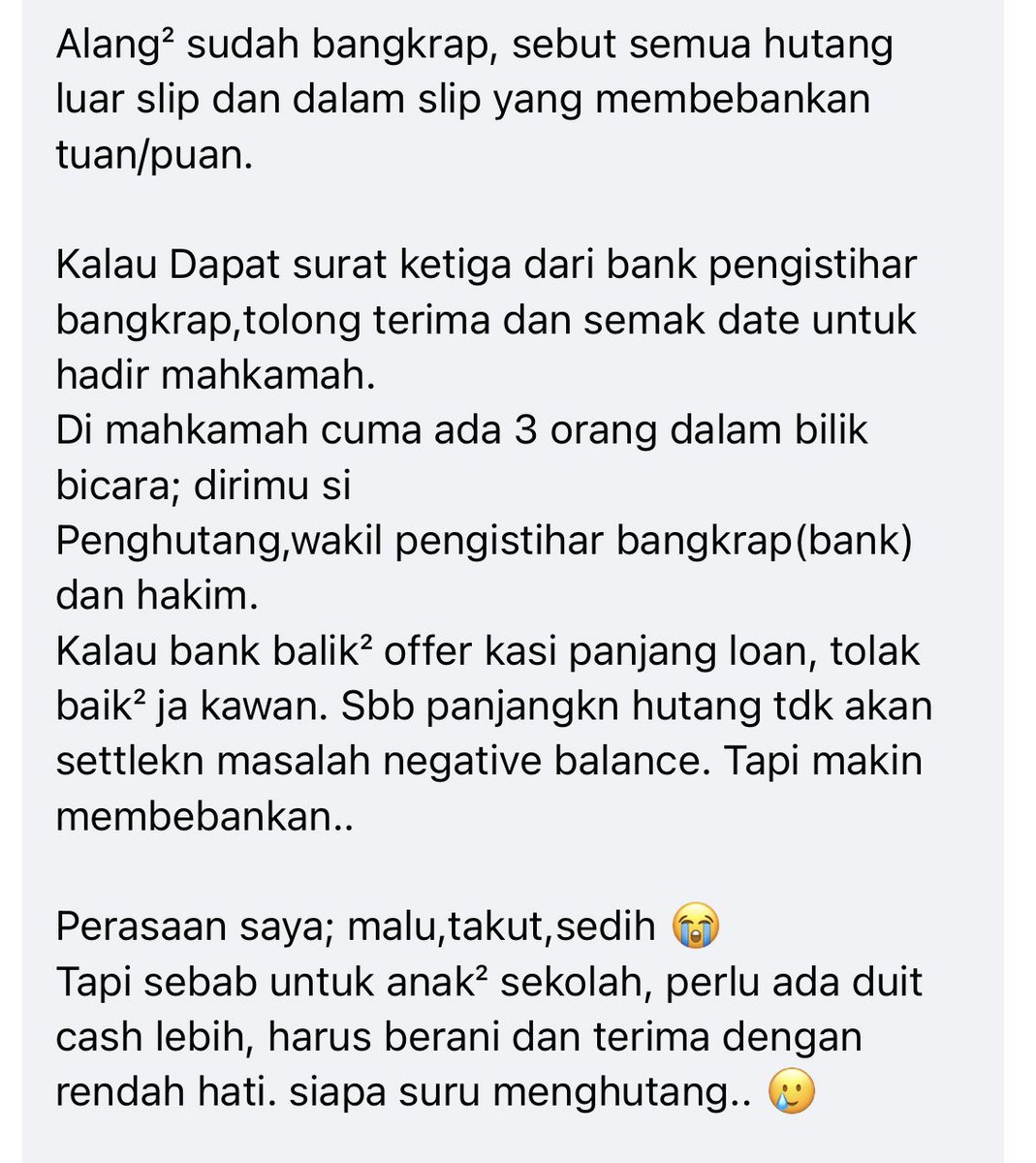 norazambudin's tweet photo. Ada org ni hutang dgn koperasi tp xboleh byr, pergi AKPK pn tak boleh bantu sbb tak tersenarai dlm AKPK.

So dia tnya proses isytihar muflis

Ilmu org share ni bagus utk kita belajar https://t.co/LYZ8PVu4y7