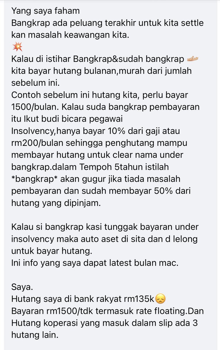 norazambudin's tweet photo. Ada org ni hutang dgn koperasi tp xboleh byr, pergi AKPK pn tak boleh bantu sbb tak tersenarai dlm AKPK.

So dia tnya proses isytihar muflis

Ilmu org share ni bagus utk kita belajar https://t.co/LYZ8PVu4y7