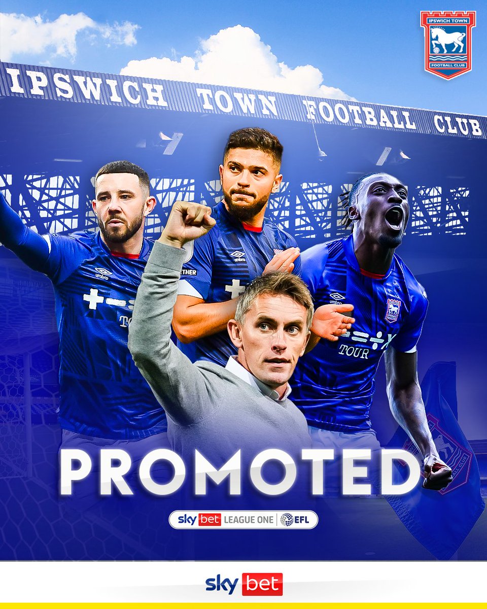 SkyBet's tweet photo. 🔵 𝗨𝗣 𝗚𝗢 𝗧𝗛𝗘 𝗕𝗟𝗨𝗘𝗦! 🔵

🔥 The best attack in the division
🔥 The best defence in the division
🔥 A 6-0 win to seal the deal

With a game to spare, @IpswichTown clinch promotion to the @SkyBetChamp 👏 https://t.co/vArMhWjWM1