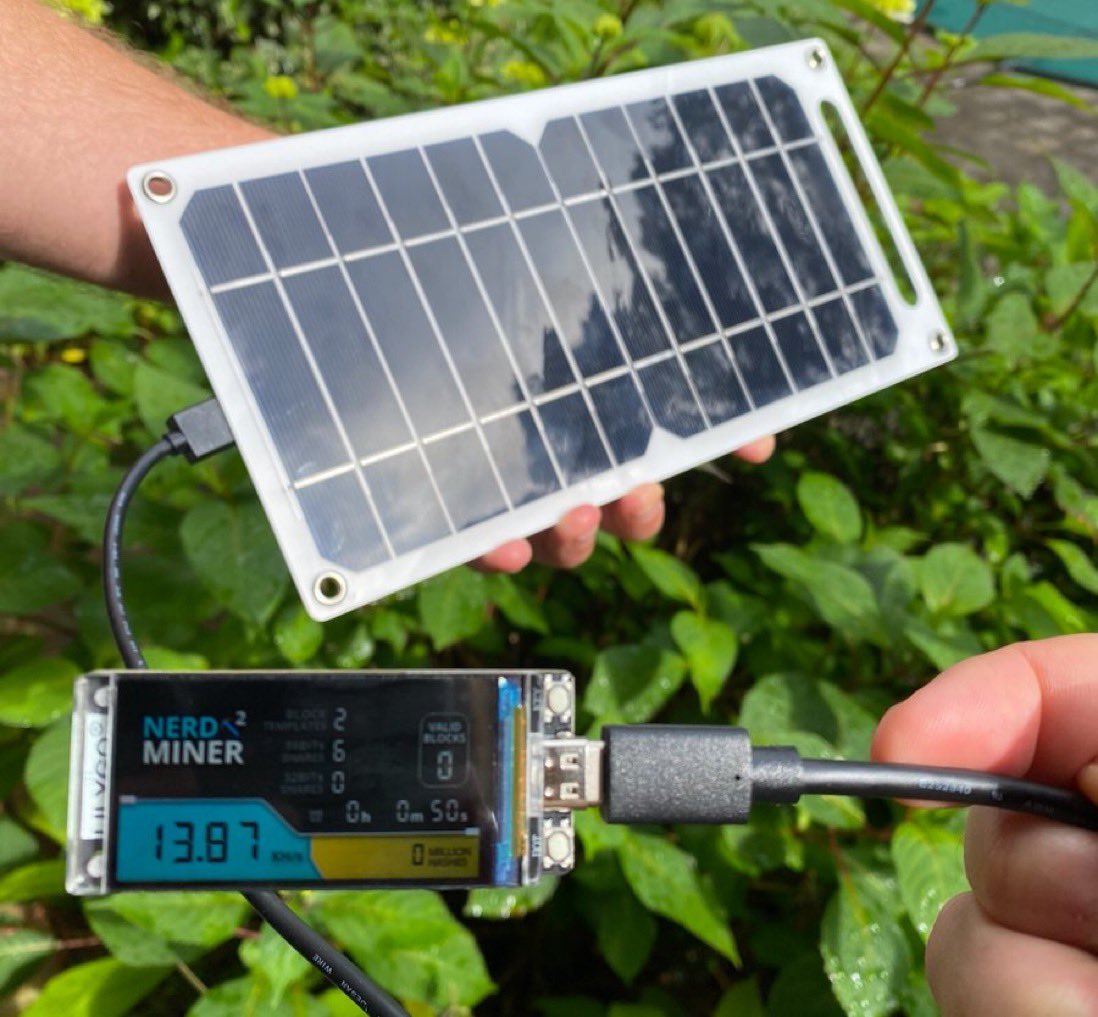 Feeling lucky? Then try solo mining with this $10 solar panel and the open  source #NerdMiner 🙌 0.000000000287401% chance of reaping the 6.25 #Bitcoin  block reward every 10 minutes 👀
