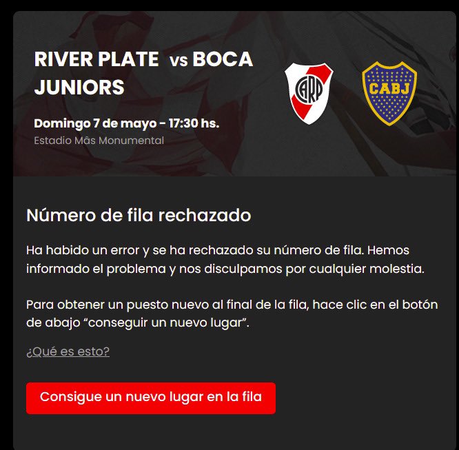 matipanzeri's tweet photo. @Wally_cho Una vergüenza… segundo partido consecutivo q pasa lo mismo.. desp de fumarme la fila virtual, y de redirigirme varias veces a la página de inicio de river id cuando es mi turno.. salta ese cartel.. https://t.co/1Wjb3CzHI8
