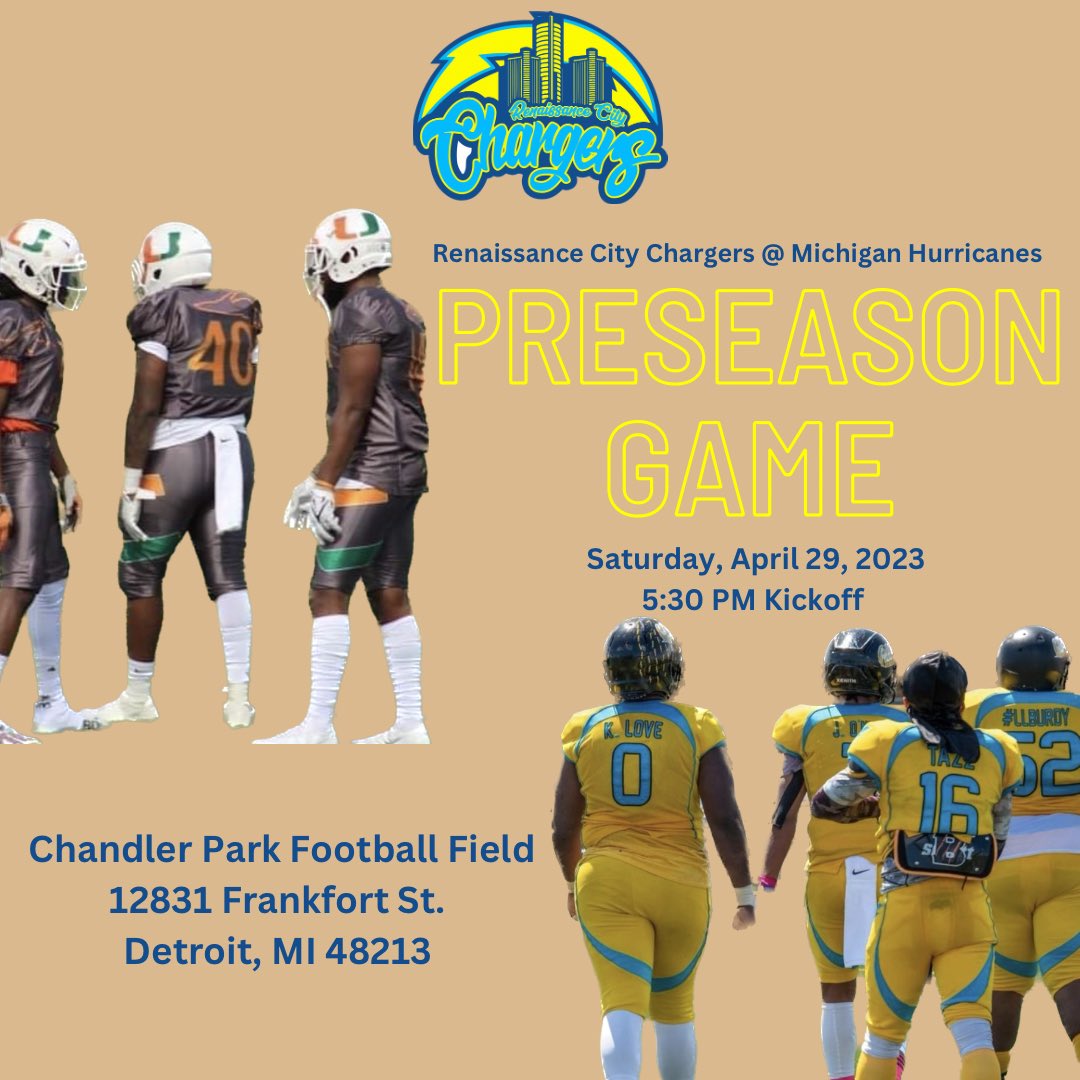 BoltNation313's tweet photo. ⚡️PRESEASON GAME⚡️ 

🏈: Renaissance City Chargers @ Michigan Hurricanes
🗓️: Today! Sat, April 29th
⏰: 5:30pm 
📍: Chandler Park Football Field 

#detroit #football #sports #gameday #semipro #semiprofootball #renaissancecitychargers #boltnation #chargeup https://t.co/4Sicrl9q8c