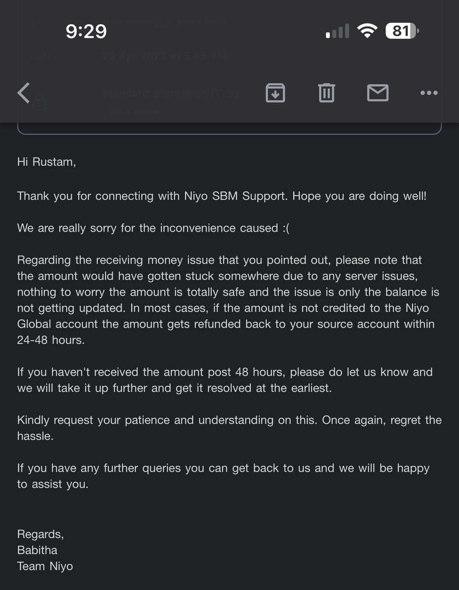 rustamshaikh's tweet photo. @theniyo after complaining about money debited from source HDFC account but not credited into Niyo global account, this kind of unprofessional reply I get from you. Don’t you know where my money is?
1/3 https://t.co/nT2J98ik4H