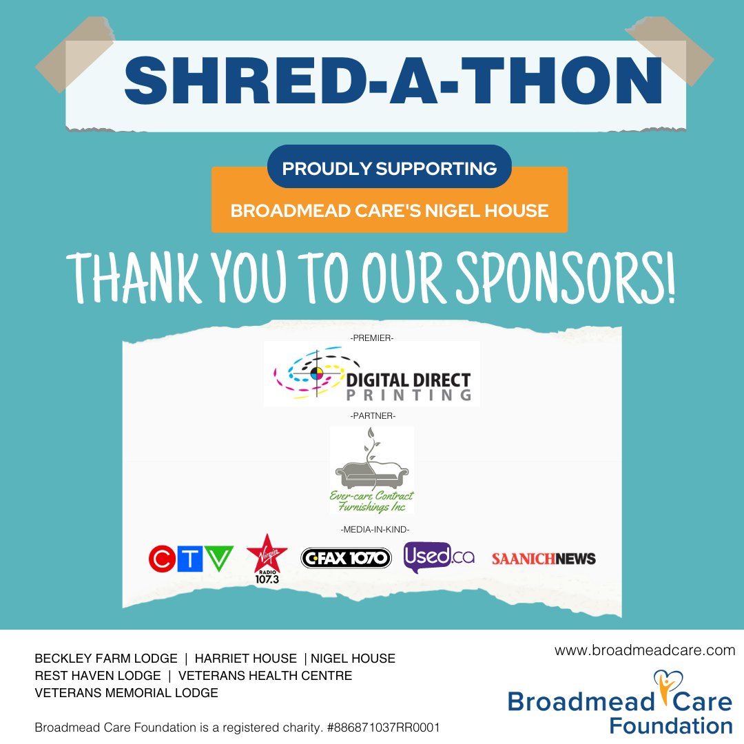 A HUGE THANK YOU to Broadmead Care's Shred-a-Thon sponsors! This event would not be possible without all of you. Thank you for helping us build communities where every person can experience wellbeing and happiness!