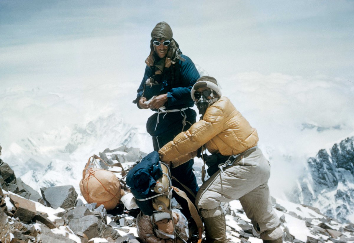 EverestToday's tweet photo. Tenzing and Hillary on the southeast ridge (~27,300 feet) on Mt #Everest (8848.86 m) back in 1953. Photo ©: Royal Geographical Society (with IBG). https://t.co/hVQ30psSWt