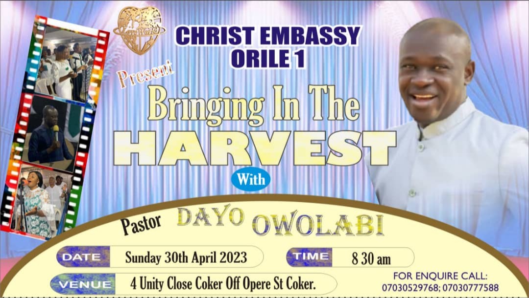 brotherlorenz's tweet photo. @CalledOutDaily Join us tomorrow, Sun. 30th April 2023, @ceorile1 for BRINGING IN THE HARVEST, a time of great worship, rich teachings from God's Word, &amp; miracles by His Spirit.

— Venue:  Christ Embassy Orile 1
(type, "Christ Embassy Orile 1" on Google for directions)
— Time: 8:30am

#CEOrile1 https://t.co/ijB55nuhMv