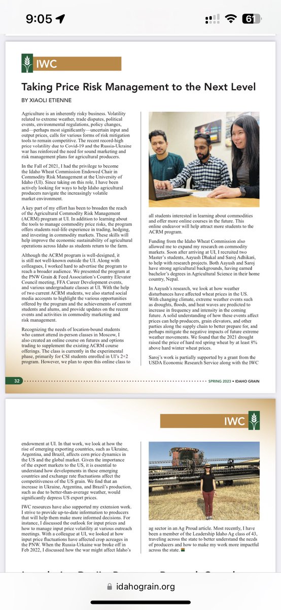 🌾Ag producers face numerous risks. See what I have been up to these days! A short write up for the Idaho Grains magazine <a href="/IdahoWheat/">Idaho Wheat</a> <a href="/IdahoGrain/">Idaho Grain Producers Association</a> <a href="/AR_dhakal_/">Aayush Raj Dhakal</a> <a href="/poemsofmessi/">Saroj Adhikari</a>