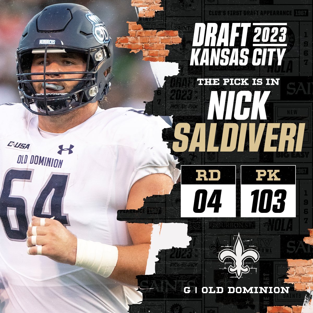 NFL's tweet photo. With the No. 103 overall pick in the 2023 @NFLDraft, the @Saints select Nick Saldiveri!  

📺: 2023 #NFLDraft2023 on NFLN/ESPN/ABC 
📱: Stream on NFL+ https://t.co/D3EqkrKdIw https://t.co/pf4MRJCQJu