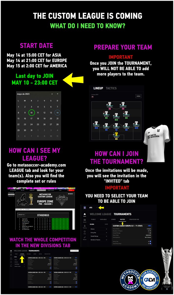 Se han enviado todas las invitaciones para la CUSTOM LEAGUE de <a href="/MetaSoccer_EN/">MetaSoccer</a> 

Paso 1 - verifica el grupo donde juega tu equipo metasoccer-academy.com/pretemporada1-… (ve a las zonas)
Paso 2: Selecciona tu equipo en MS, ve a "Tournaments-Invited" y dale JOIN.

Fecha máxima 10 de MAYO.