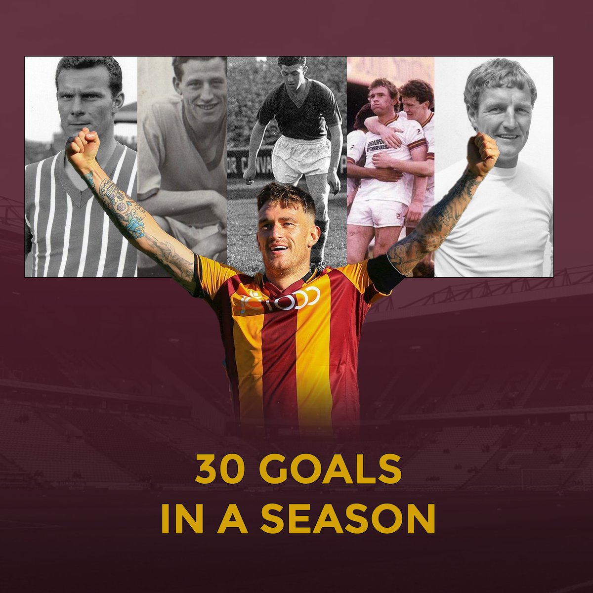 1,348 men have played for Bradford City.  

Just six have scored 30 goals or more in a single season.  

David Layne, Derek Stokes, John McCole, Rodney Green, Bobby Campbell: and now, Andrew Ellis Cook. The first to do it since 1982-83. 40 years.  

Legendary status. #bcafc