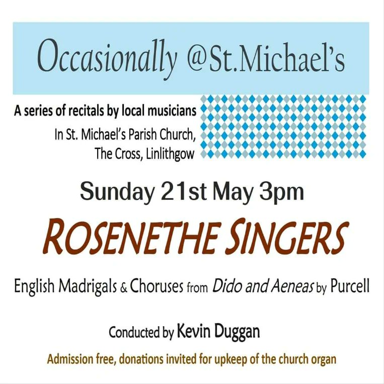 As part of 'Occasionally @ St. Michael's', St Michael's Parish Church Linlithgow, join us 21st May 3pm: Madrigals &amp; Choruses from Dido and Aeneas (Purcell).  Donations for upkeep of the Henry Willis organ.
#madrigals 
#didoandaeneas #stmichaelsparishlinlithgow