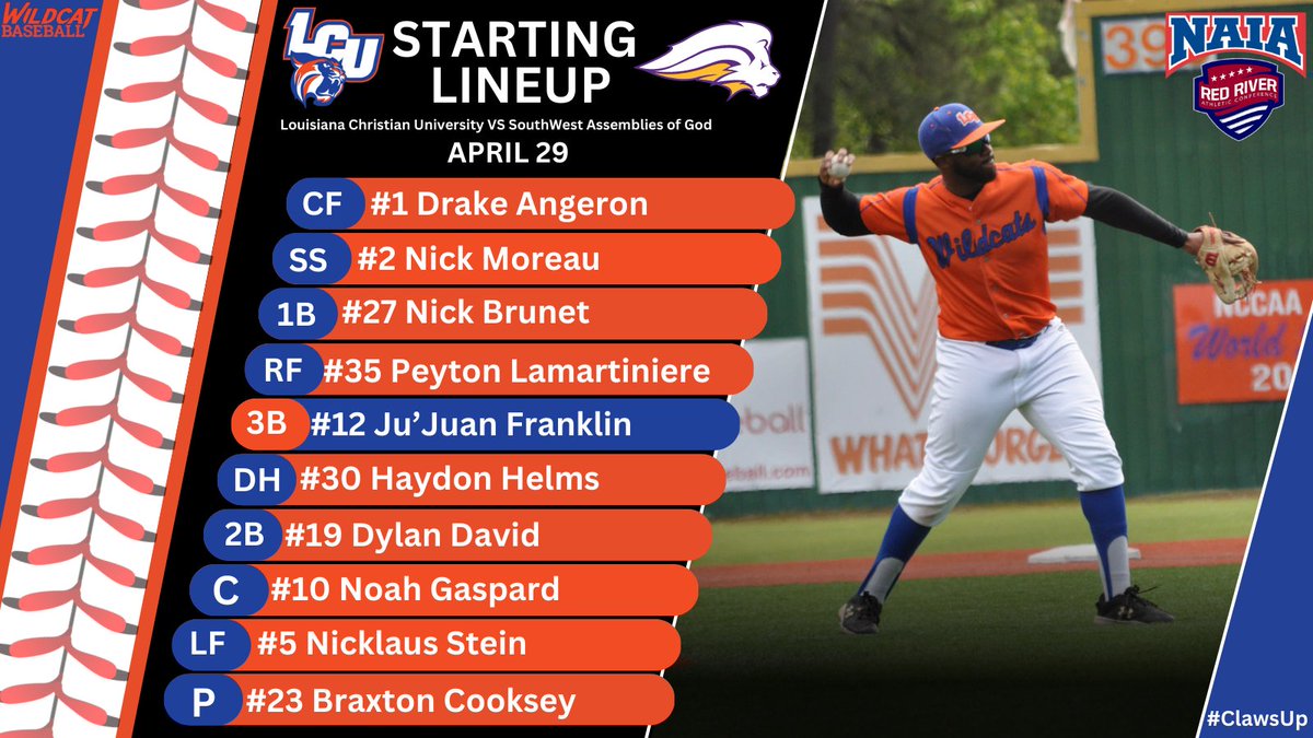 LCU_bsb's tweet photo. Today's Starting 9 for Game 3 Against SAGU!!!

#ClawsUp  @NAIABall
@RRACsports @LC_University  @LCU_Wildcats 
@CenLaPrepsLLC
@KALBSports https://t.co/gTKZmzgO7Z