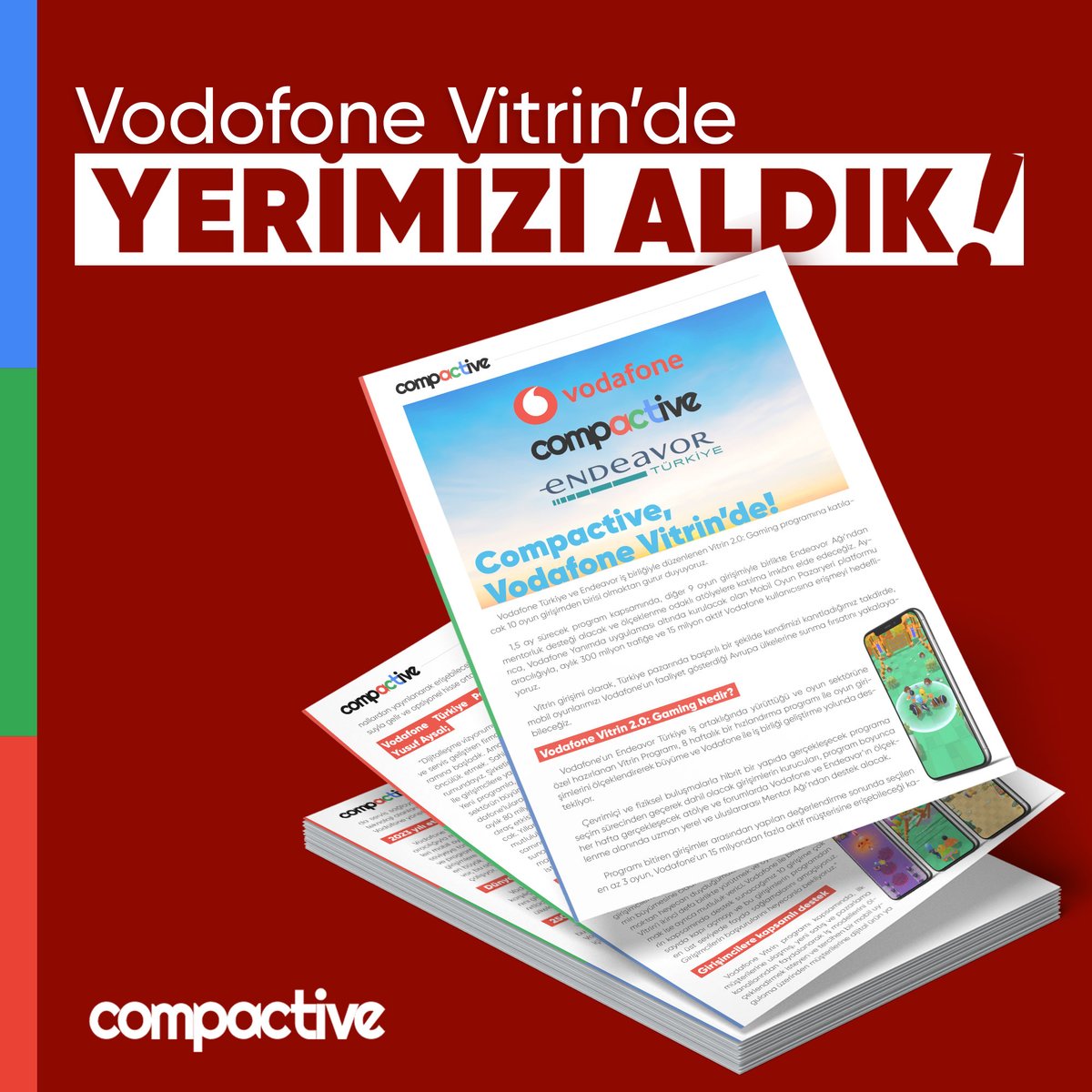 Vodafone’un Endeavor Türkiye iş ortaklığında yürüttüğü ve oyun sektörüne hazırlanan Vitrin Programı, 8 haftalık bir hızlandırma programı ile oyun girişimlerini ölçeklendirerek büyüme ve Vodafon'la iş birliği geliştirme yolunda destekliyor. Biz de Vodofone Vitrin’de yerimiz aldık!