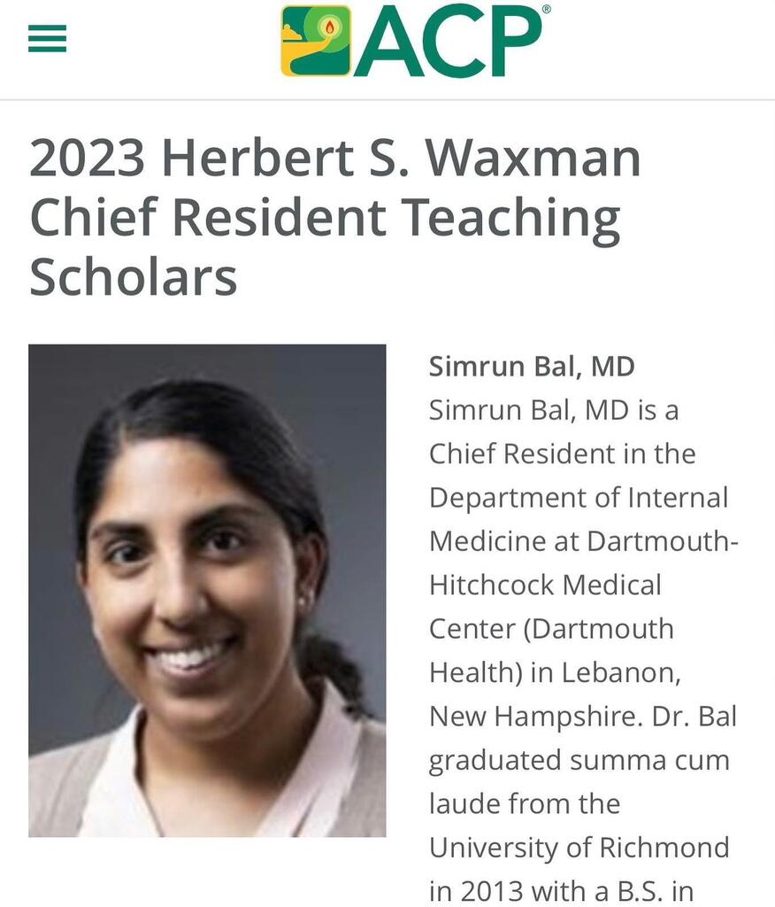 Congrats to Simrun one of our chief residents who was named as one of the 2023 Herbert Waxman Teaching Scholars and attended the ACP conference in San Diego this weekend! She is an absolute rockstar! #womeninmedicine #acp instagr.am/p/CroDZ9LrIX3/ Congrats to Simrun one of our ch…
